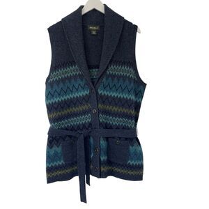 Eddie Bauer Vest Blue Navy Fair Isle Lambswool Belted Pockets Grandpa XL EUC
